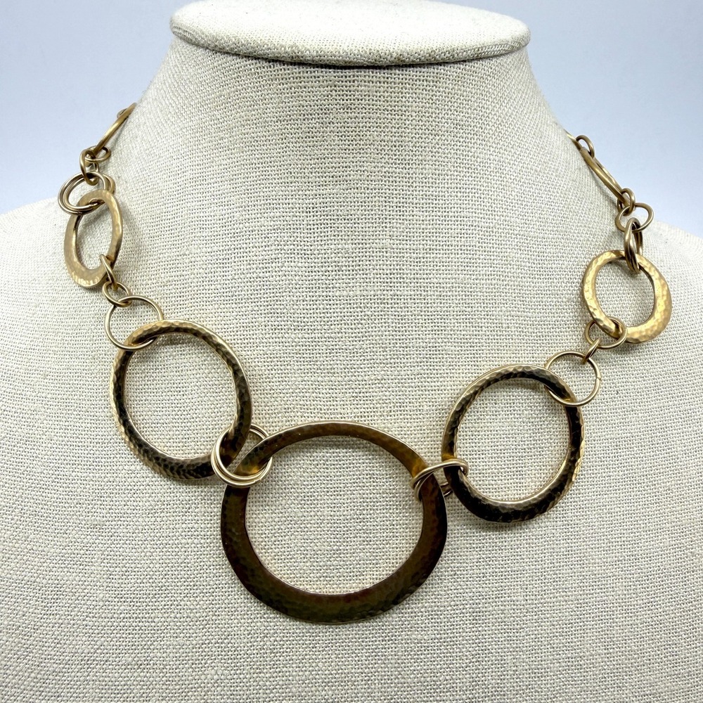 Gold Tone Hammered Link Statement Necklace Chunky Textured Circle Collar Boho